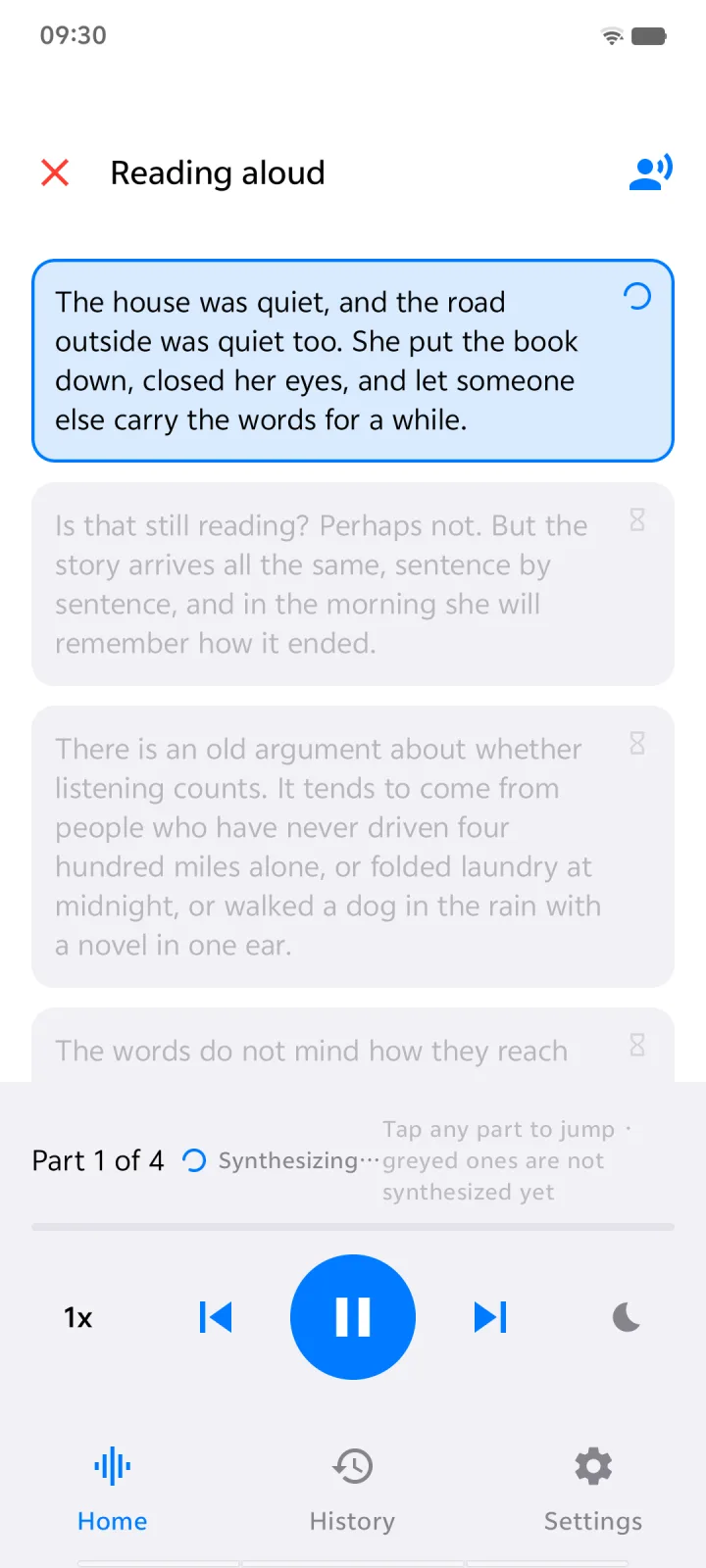 TextVoice on Android reading a story aloud, with the current part highlighted