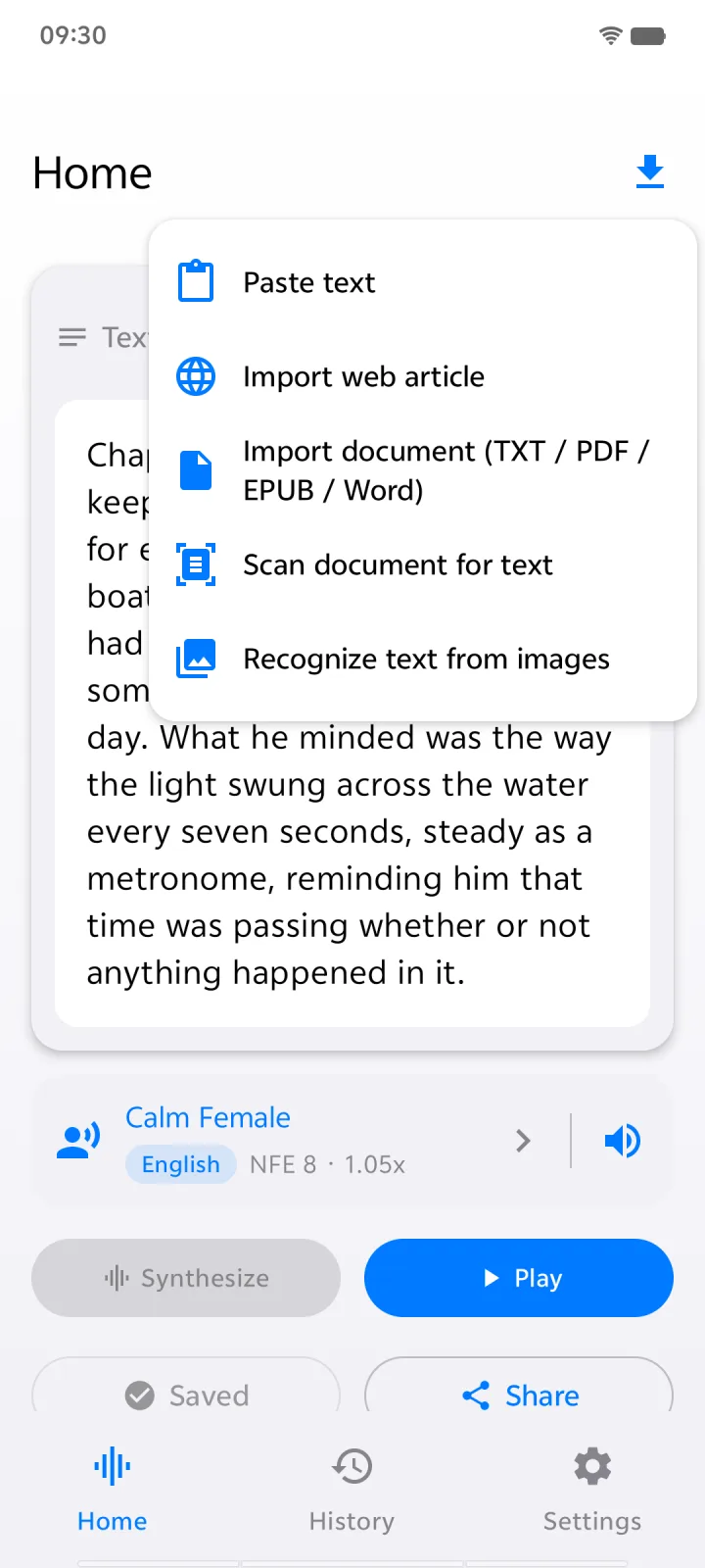 TextVoice on Android showing import options for text, web articles, documents and scans