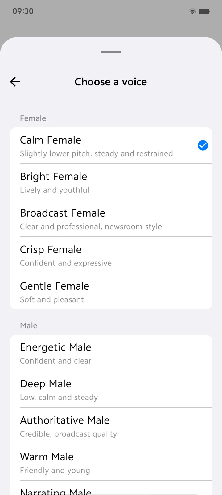 TextVoice on Android voice picker with five female and five male voices