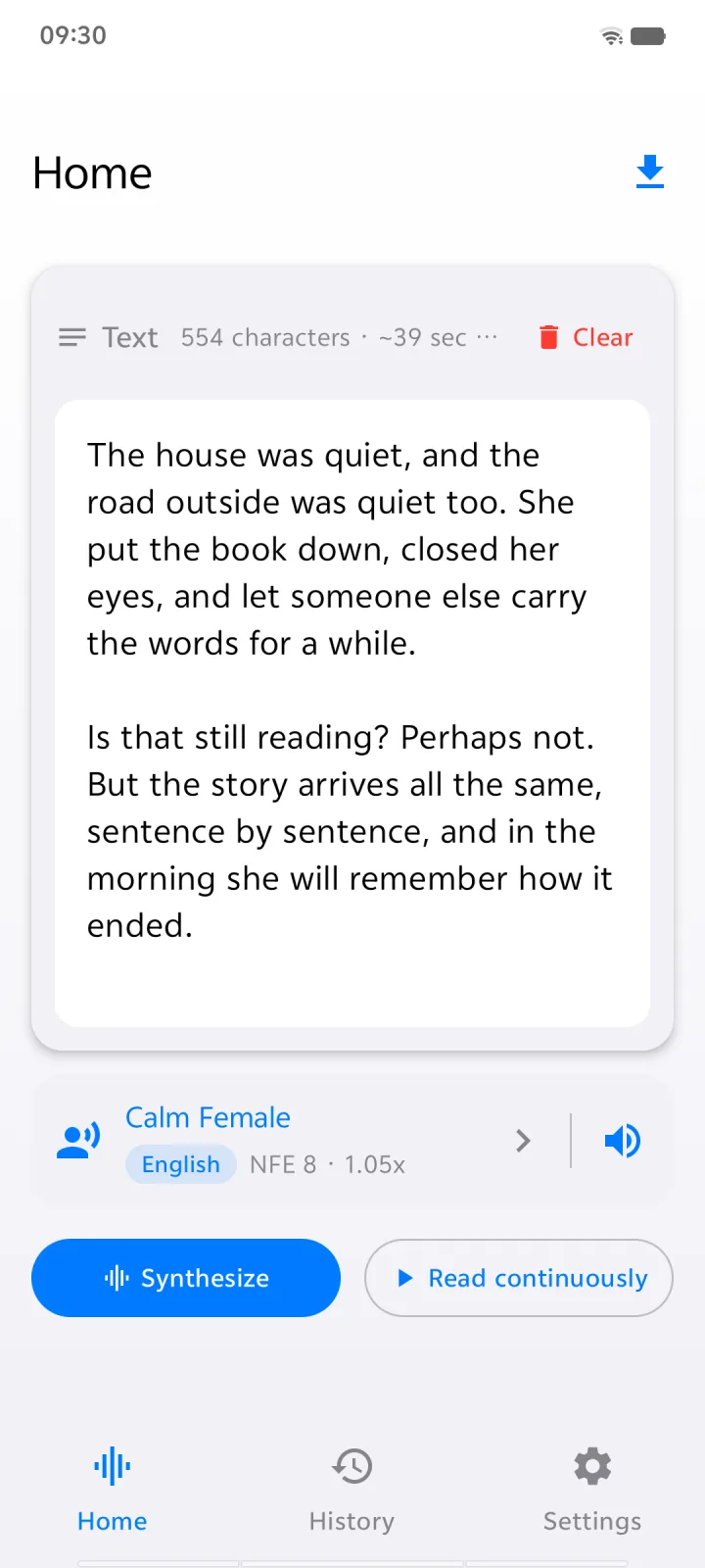 TextVoice on Android home screen with a story ready to read aloud