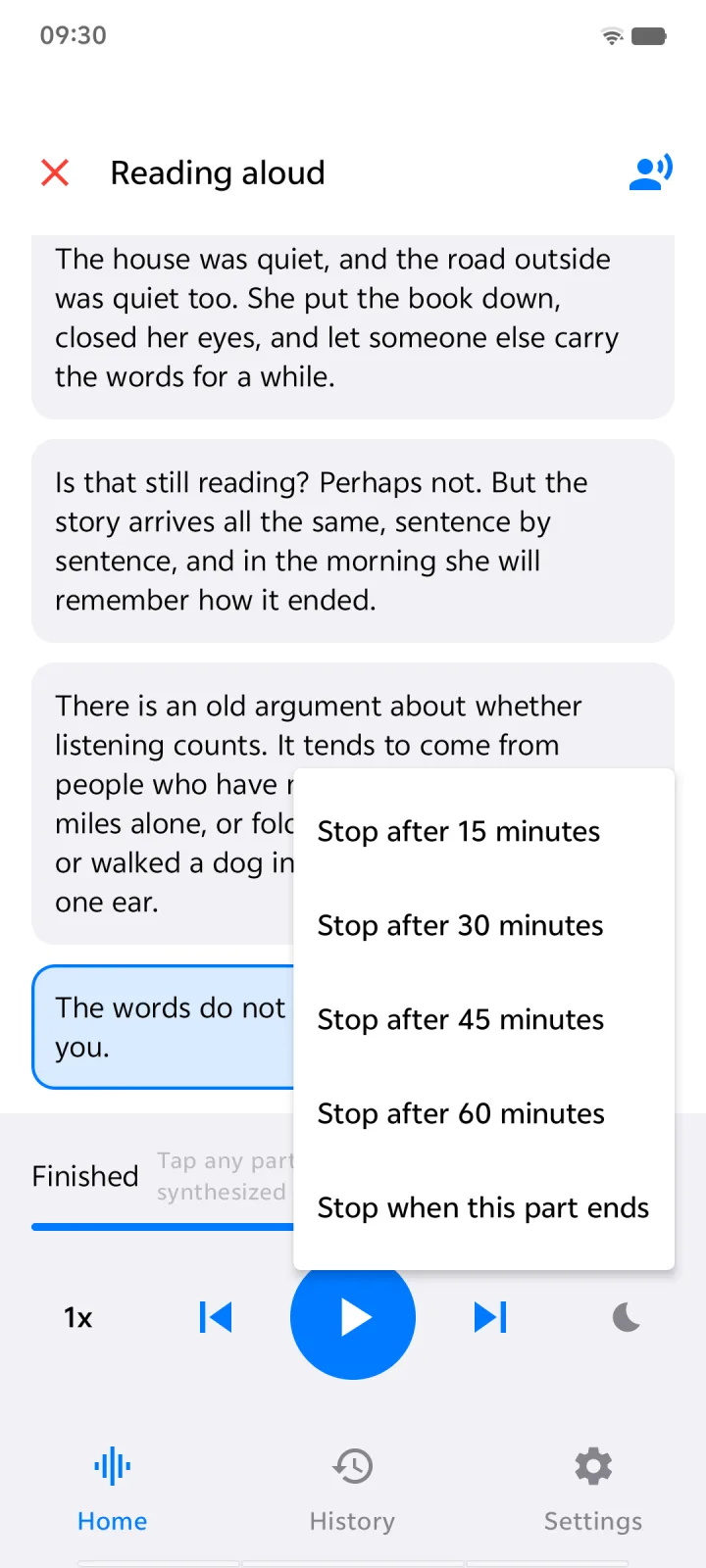 TextVoice on Android with sleep timer options from 15 to 60 minutes