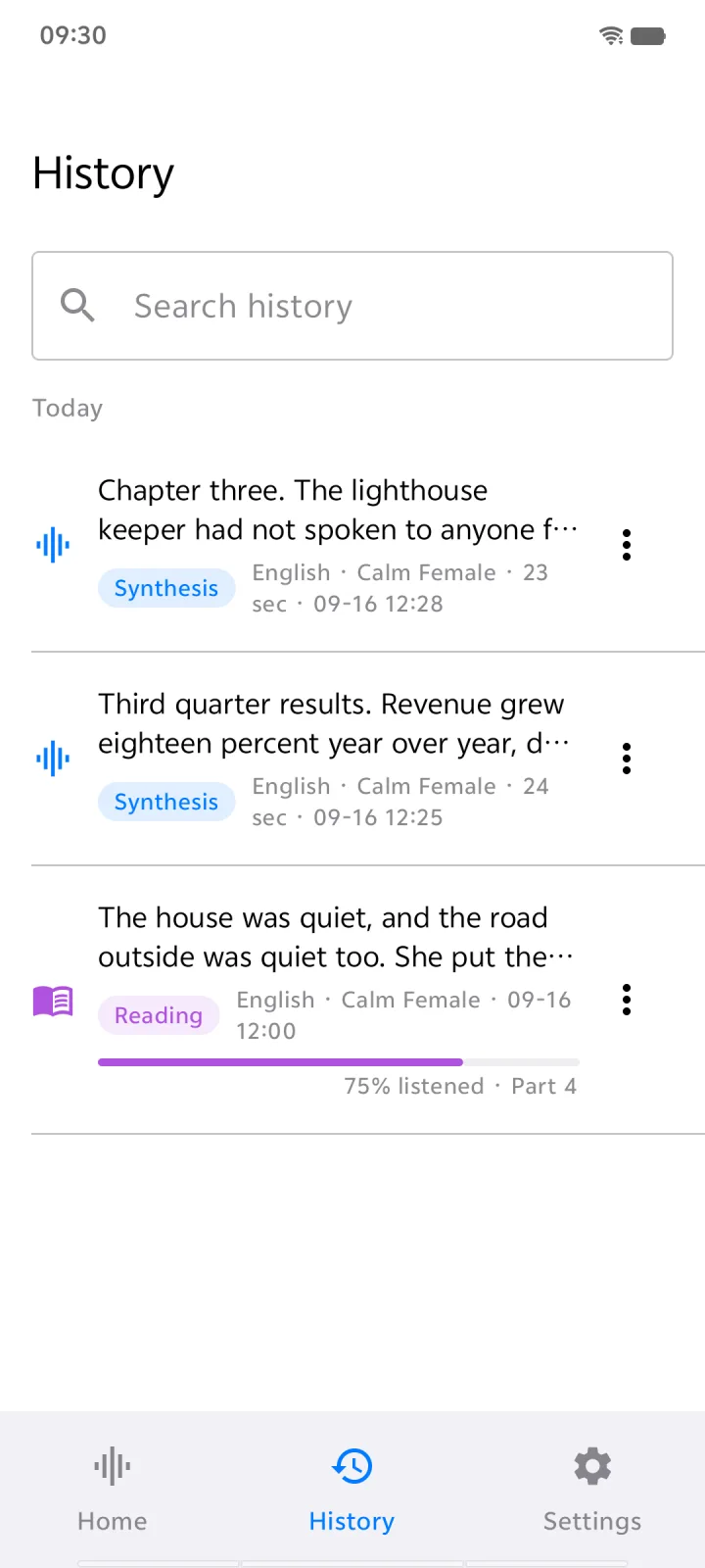 TextVoice on Android showing reading history with saved progress
