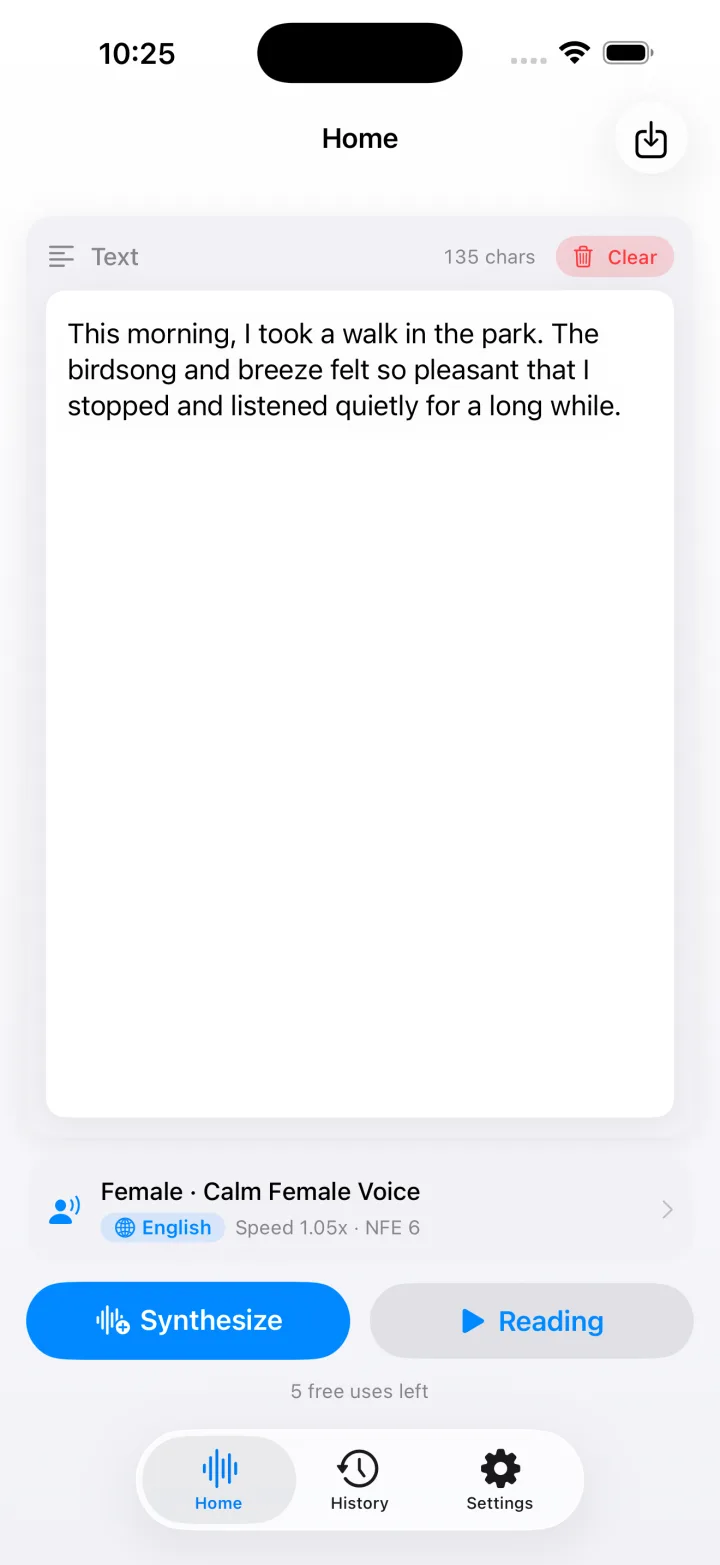 TextVoice on iPhone home screen with text ready to read aloud