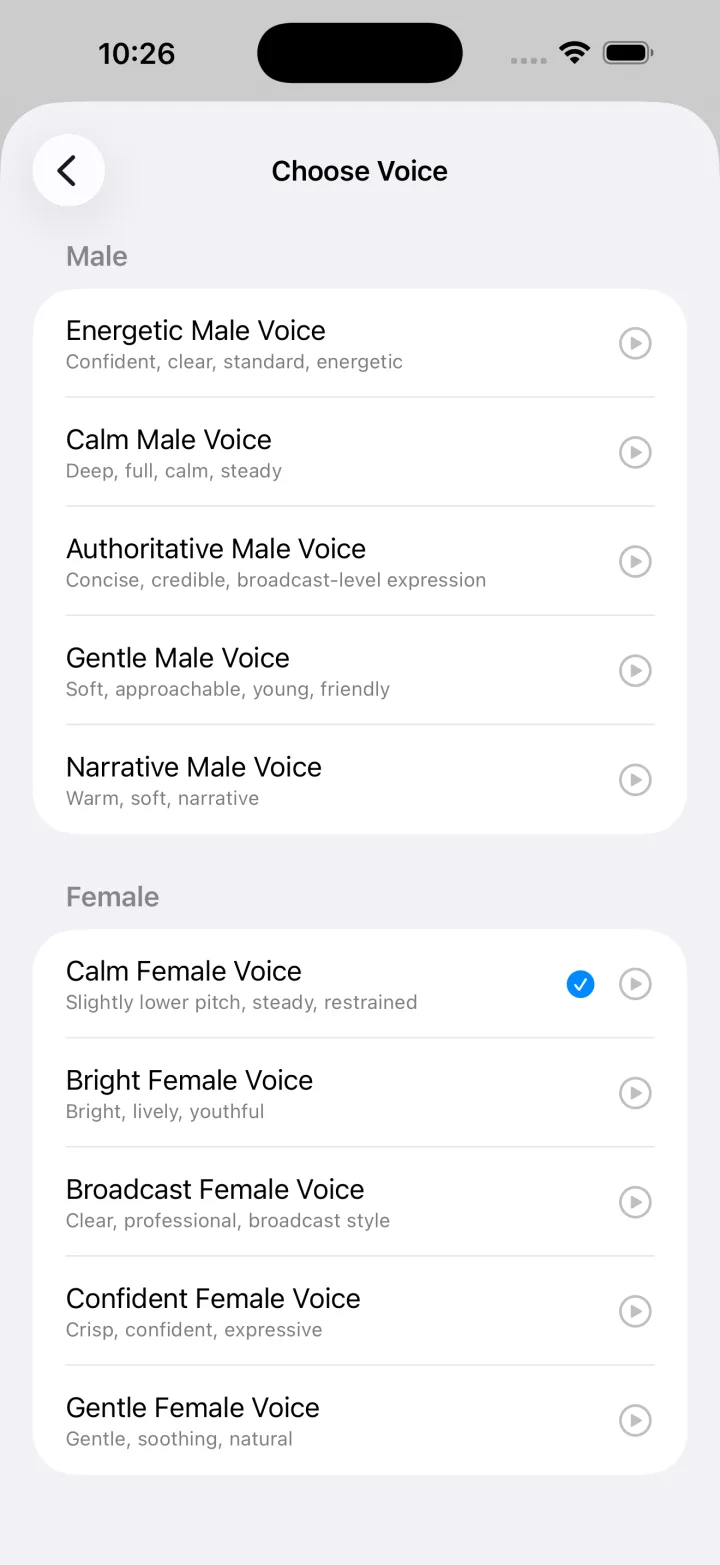 TextVoice on iPhone listing five male and five female voices