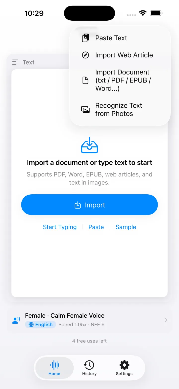 TextVoice on iPhone showing import options: paste text, web article, document, and text from photos